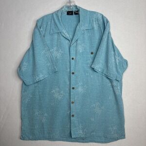 WTF Silk Shirt Mens Large Teal Jacquard Botanical Short Sleeve Luxury
